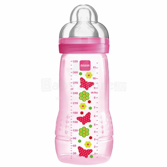 MAM Easy Active ™ kūdikių buteliukų raštas, rožinis, 330 ml, plastikinis butelis 4 m. +, Su silikonine čiulptuku, be BPA