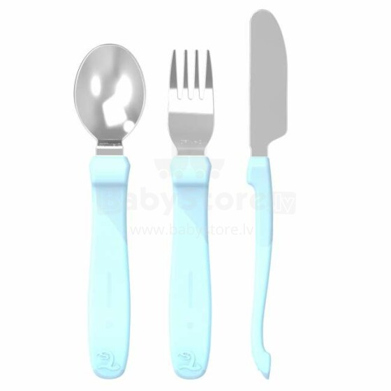 „Twistshake Learn“ stalo įrankiai “, 788210„ Pastel Blue “stalo įrankių rinkinio šaukštas, šakutė ir peilis
