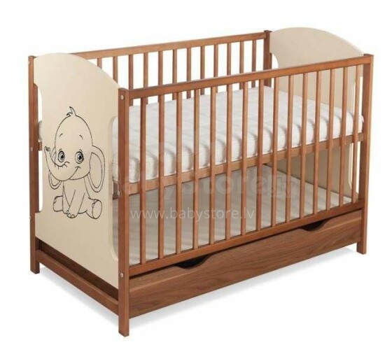 Bobababy Miki Elephant Art.22913  Walnut 103 деткая кроватка для малышей с ящиком 120х60см
