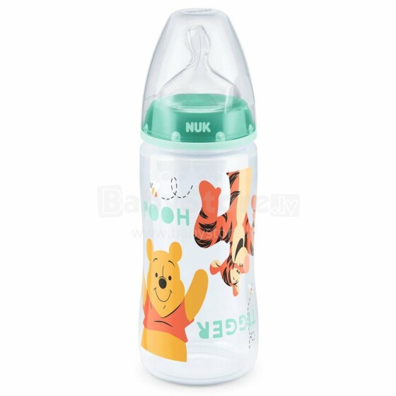 Nuk First Choice Disney Winnie Green Art.SD43 Пластмассовая бутылочка с широким горлышком и соской из силикона 1 размера для смесей (0-6 мес.) 300мл