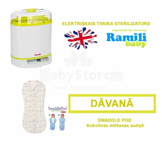 Ramili Baby+Summer Infant Art.BSS150+56146 Tvaika pudelīšu sterilizators+SwaddlePod Kokvilnas ietīšanas autiņš zīdaiņiem no 0 līdz 2 mēn.
