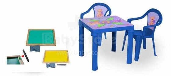 3toysmc Art.ZMT set of 2 chairs, 1 table and 1 bilateral wooden board blue Komplektis 2 tooli, 1 laud ja 1 kahepoolne puitlaud