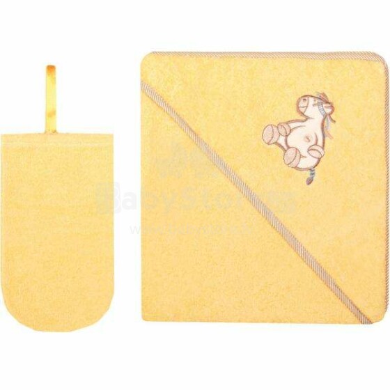 Womar rankšluostis Art.3-Z-OK-059 Geltonas vaikiškas kilpinis rankšluostis su gobtuvu ir pirštine 80 x 80 cm