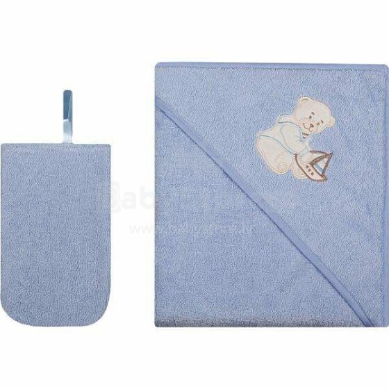 Womar Towel Art.3-Z-OK-062 Blue  Bērnu frotē dvielis ar kapuci  un dūraini 80 x 80 cm