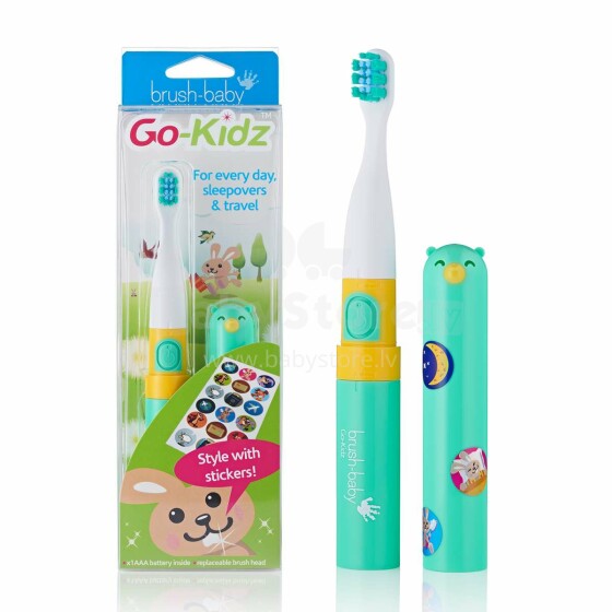 „Brush Baby Go-Kidz Art.BRB120 Green“ vaikiškas elektrinis dantų šepetėlis su lipdukais