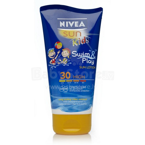 Nivea Sun Kids Art.85832 „Swim & Play Sun Lotion“ įdegio losjonas vaikams SPF30 (labai apsaugotas) 150 ml.