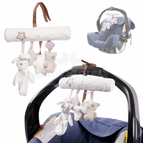 Ikonka Art.KX9733 Vaikiško vežimėlio pakabukas su pilkais ir baltais gyvūnais