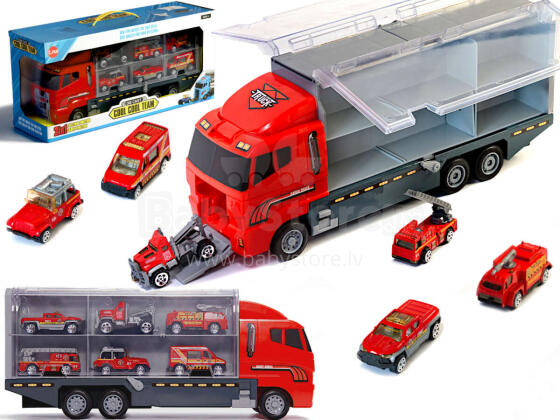 Ikonka Art.KX6681_1 Transportera kravas automašīna TIR palaidējs + metāla automašīnas ugunsdzēsēju brigāde