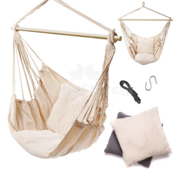 Ikonka Art.KX6485 Brazilian hammock chair with cushions ecru wooden headband
