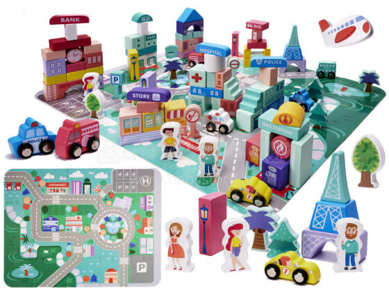 Ikonka Art.KX6197 Educational wooden city puzzle blocks 128el.