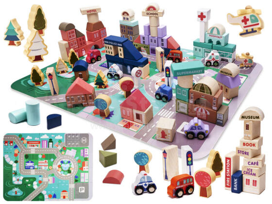Ikonka Art.KX6196 Educational wooden city puzzle blocks 135el.