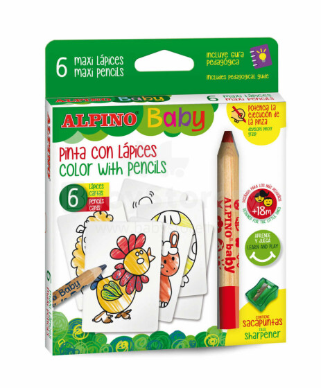 Ikonka Art.KX6057 ALPINO BABY Thick pencil crayons 6 colours + farm cards