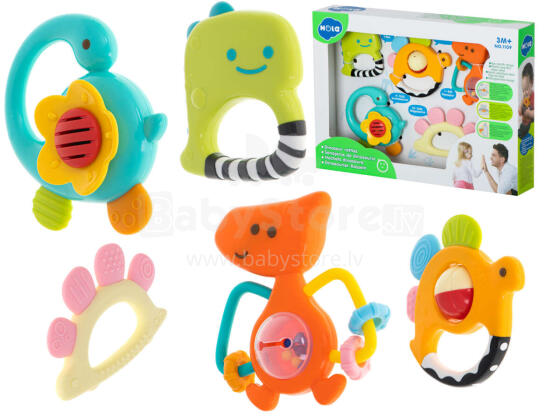 Ikonka Art.KX5999 HOLA baby teether rattle dinosaurs set of 5pc.