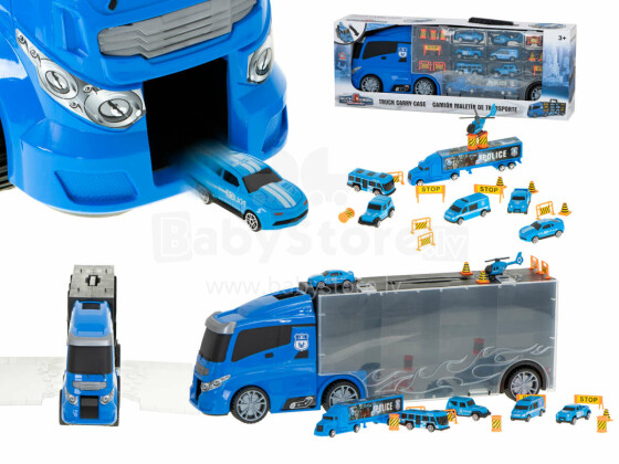Ikonka Art.KX5992 Transporterio sunkvežimis TIR paleidimo įtaisas lagamine + 7 automobiliai policija