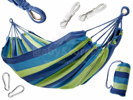 Ikonka Art.KX5977 Double hammock 200x150 reinforced blue+ mounting kit