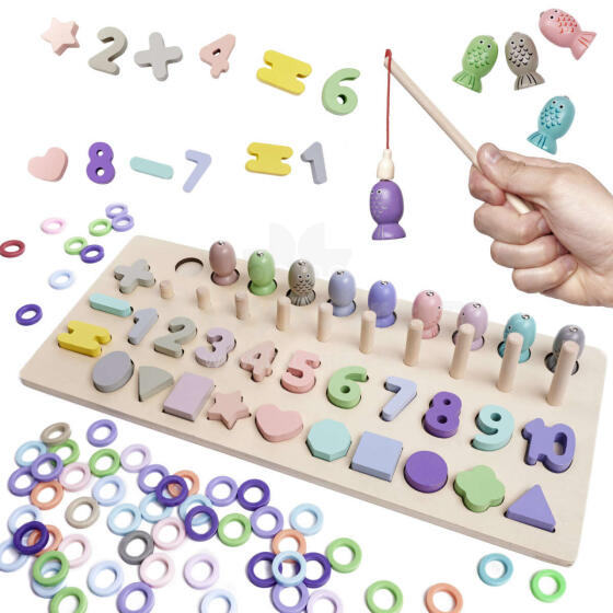 Ikonka Art.KX5961 Wooden counting wheel fish catching numbers shapes