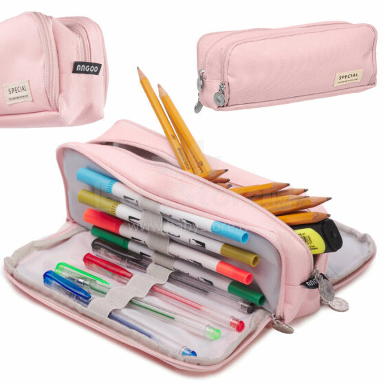 Ikonka Art.KX5673 Mokyklinis pieštukinis dėklas trigubas maišelis tuštybės dėklas 3in1 rožinis