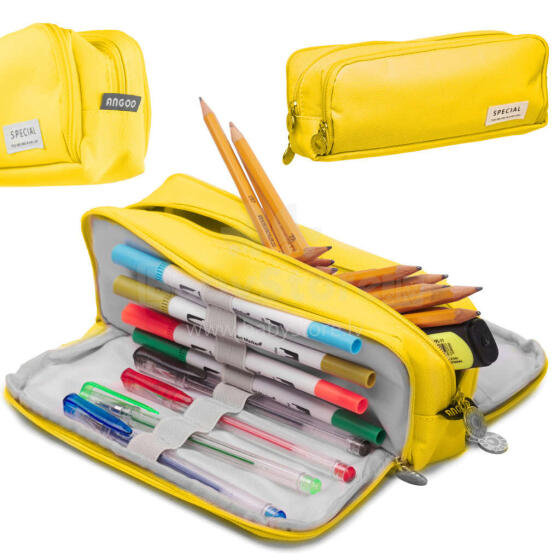 Ikonka Art.KX5673_2 School pencil case triple sachet vanity case 3in1 yellow