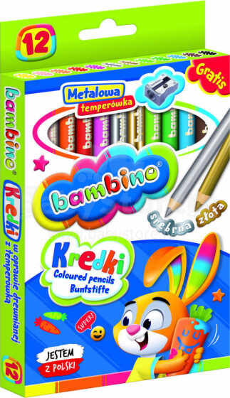 Ikonka Art.KX5487 BAMBINO Mediniai pieštukai su rėmeliu 12 spalvų + galąstuvas