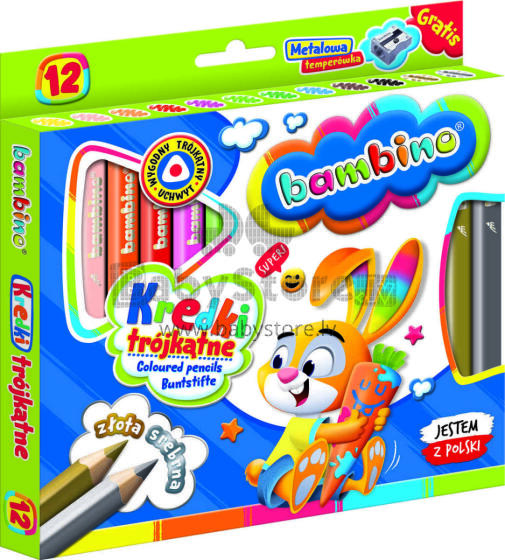 Ikonka Art.KX5484 BAMBINO Wooden-framed triangular pencils 12 colours + sharpener