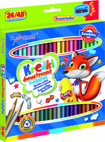 Ikonka Art.KX5485_1 BAMBINO Dvipusiai trikampiai mokykliniai pieštukai 24/48 spalvų + galąstuvas