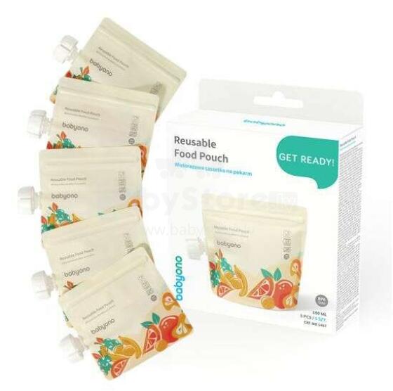 BabyOno Art.1407 REUSABLE FOOD SACHETS 150ML 5 PCS