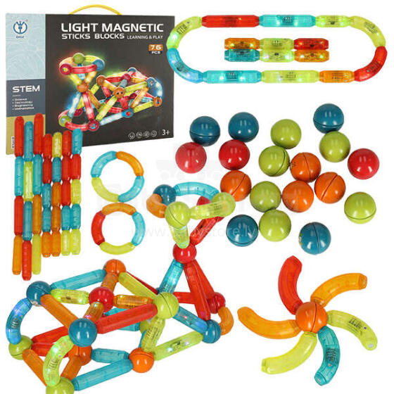Ikonka Art.KX4771_1 Luminous magnetic blocks for small children 76 elements