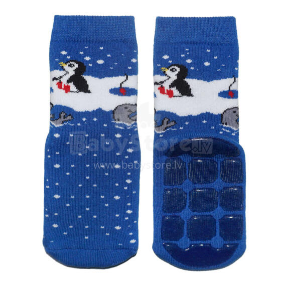 Weri Spezials Bērnu pretslīdes zeķes Penguin and friends Medium Blue ART.WERI-1535 Augstas kvalitātes bērnu zeķes no kokvilnas ar pretslīdes pārklājumu