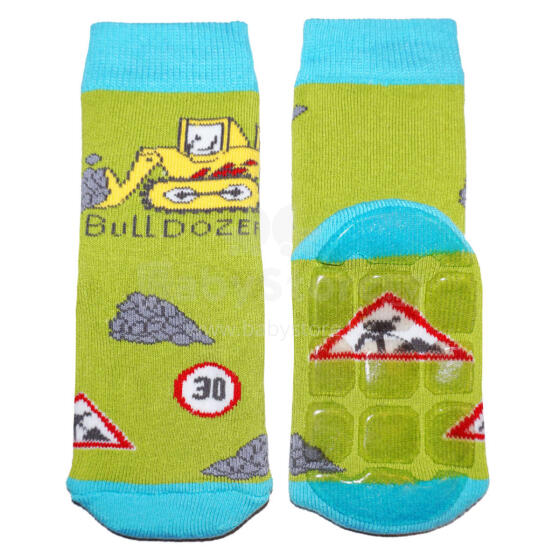 Weri Spezials Children's Non-Slip Socks Bulldozer Green ART.WERI-2792 High quality children's socks made of cotton with non-slip coating