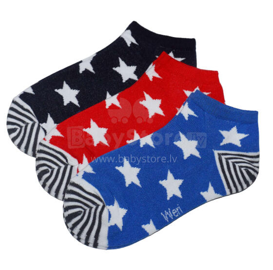 Weri Spezials Children's Sneaker Socks White Stars Royal Blue and Red ART.WERI-2705 Pack of three high quality children's cotton sneaker socks