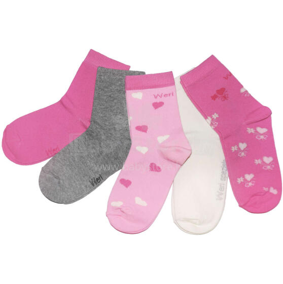Weri Spezials Bērnu zeķes Hearts Pink and Grey ART.WERI-4310 Pieci pāri augstas kvalitātes kokvilnas bērnu zeķes