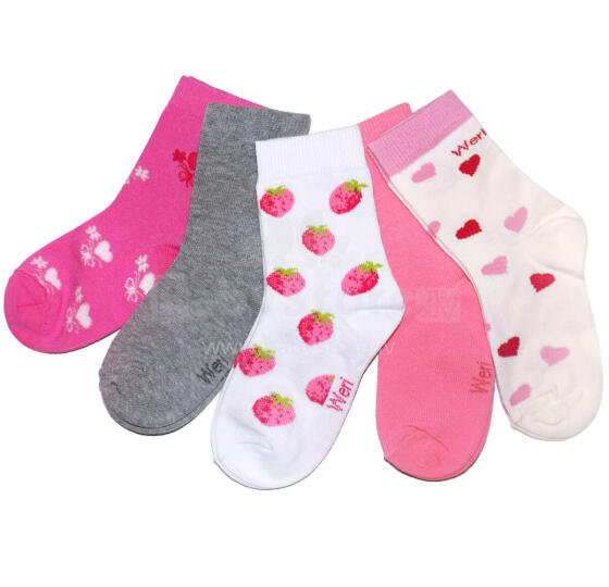 Weri Spezials Bērnu zeķes Strawberry Pink and White ART.WERI-4314 Pieci pāri augstas kvalitātes kokvilnas bērnu zeķes
