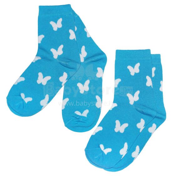 Weri Spezials Bērnu zeķes White Butterflies Turquoise ART.SW-1348 Divi pāri augstas kvalitātes kokvilnas bērnu zeķes