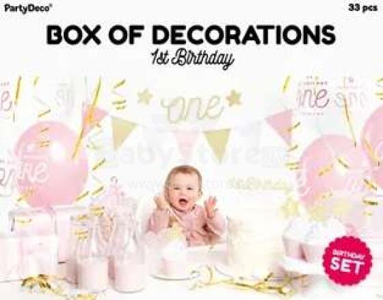 Ikonka Art.KX4549 Birthday party decorations for 1st birthday set pink and gold