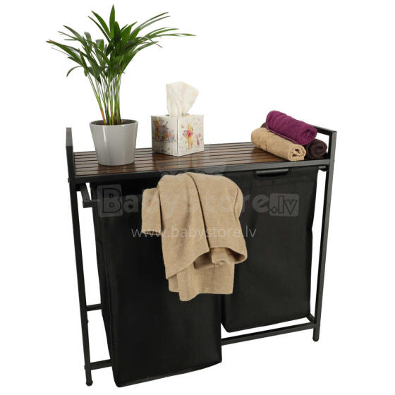 Ikonka Art.KX4348 Two-compartment laundry basket with wooden table top shelf rustic LOFT black