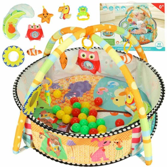 Ikonka Art.KX4293 Mokomasis žaidimų kilimėlis kūdikiams, skirtas žaislinėms lovytėms su barškučiais ir kamuoliukais