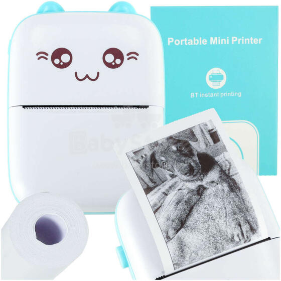Ikonka Art.KX4217_1 Mini thermal label photo printer + USB cable cat blue