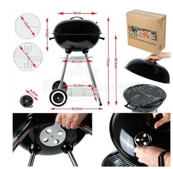 Ikonka Art.KX3754 Slēdzams kokogļu brikešu dārza grils ar ventilācijas vāku un plauktu