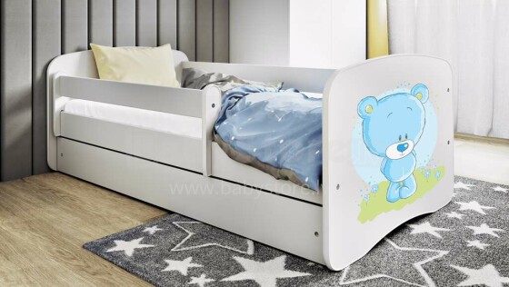 Bed babydreams white blue teddybear with drawer with non-flammable mattress 140/70
