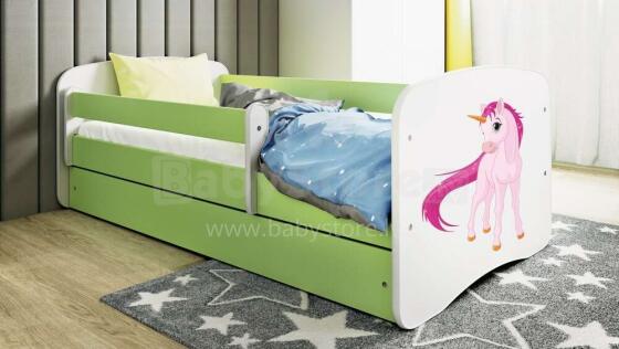 Bed babydreams green unicorn with drawer with non-flammable mattress 140/70