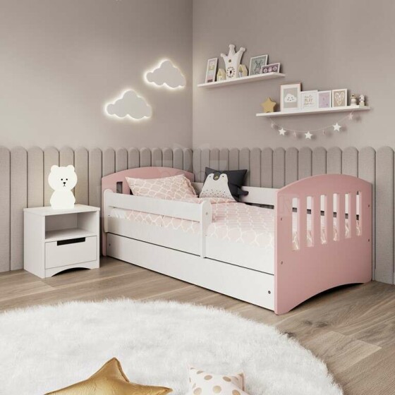 Classic bed 1 mix powder pink with a drawer, non-flammable mattress 140/80