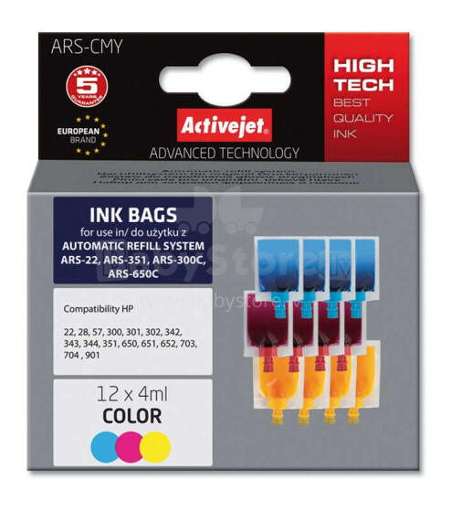Automātiskā uzpildes sistēma Activejet ARS-CMY HP printerim; ARS nomaiņa; 12 x 4 ml; Krāsa