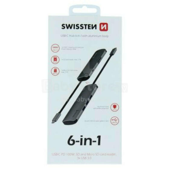 Swissten USB-C Sadalītājs 6in1 ar 3X USB 3.0 / 1X USB-C Power Delivery / 1X microSD / 1X SD / Alumīnija korpuss