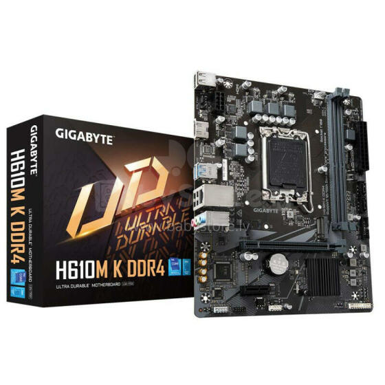 Mainboard GIGABYTE Intel H610 LGA1700 Micro-ATX Memory DDR4 Memory slots 2 1xPCI-Express 3.0 1x 1xPCI-Express 4.0 16x 1xM.2 1xHDMI 4xUSB 2.0 2xUSB 3.2 1xRJ45 3xAudio port H610MKDDR4