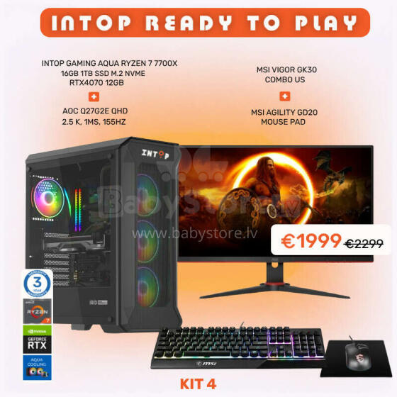 INTOP READY TO PLAY KIT 4 INTOP AQUA Ryzen 7 7700X 16GB DDR5 1TB SSD M.2 NVME RTX4070 12GB no-OS + Monitors AOC Q27G2E/BK 27 " + Gift Bundle