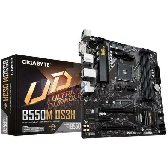 Mainboard GIGABYTE AMD B550 SAM4 MicroATX Memory DDR4 Memory slots 4 1xPCI-Express 3.0 1x 1xPCI-Express 3.0 4x 1xPCI-Express 4.0 16x 2xM.2 1xDVI-D 1xHDMI 2xAudio-In 1xAudio-Out 4xUSB 2.0 4xUS