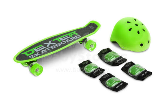 SKATEBOARD DEXTER GREEN + HELMET AND PROTECTORS
