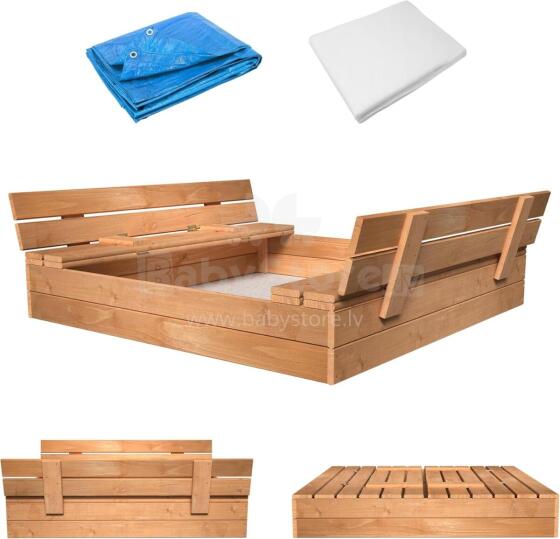 Bebe Basic Wood Sandbox Art.199543 Bronze sandbox with a lid and a bench, 120x120 cm