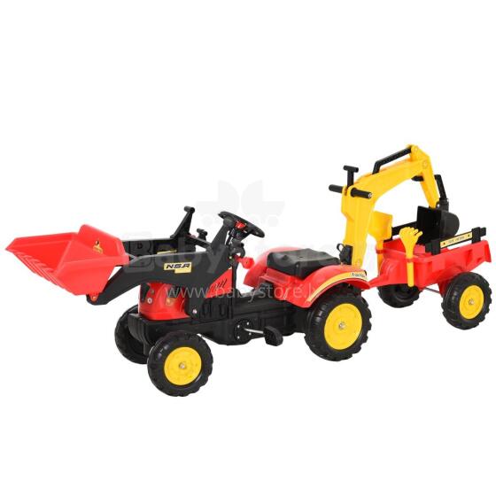 Pedaalidega traktor kopa ja käruga, punane