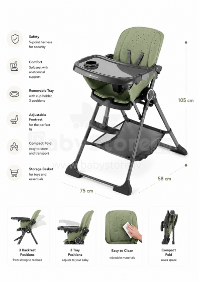 Kinderkraft Foldee Art.220365 Green Barošanas krēsls